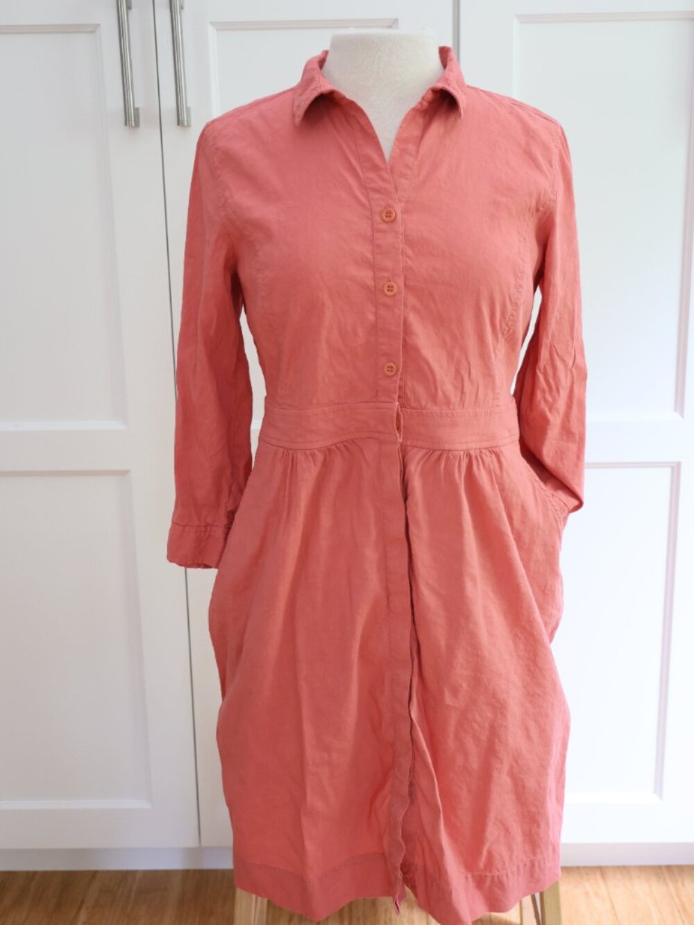 Eileen Fisher Organic Linen Blend Button Down Shirt Dress Petite M Coral Pockets
